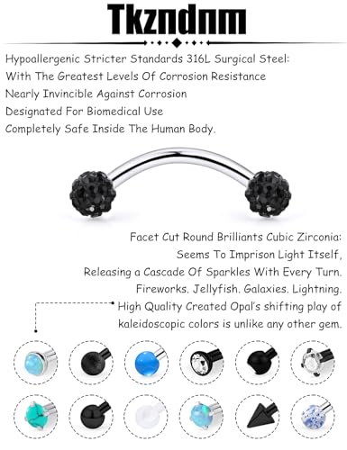 16g 8/10mm Silver/Black/Rose-Gold/Rainbow Eyebrow Piercing Jewelry Rings Curved Barbell Vertical Labret Lip Surgical Steel Small Belly Button Snake Eyes Tongue Rook Earrings for Women Men - color: Black / Blue, size: 16g*10mm*3mm