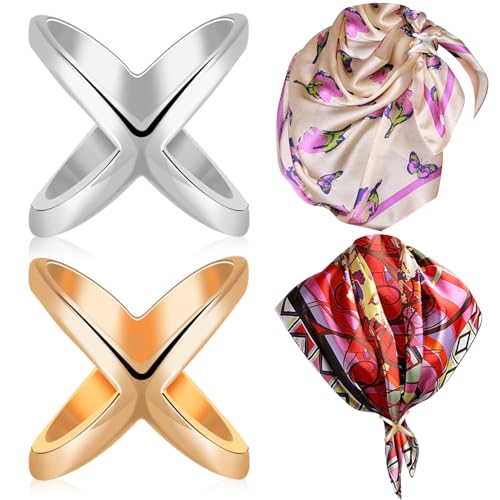SYWDUDUCLT Scarf Ring for Women's Shawl, Silk Neckerchief, Tshirt, Gold/Sivler, S/M/L, 2 Pcs - style: Modern-M