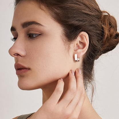 Chunky Hoop Earrings for Women Small Huggie Hoops Earrings Fashion Jewelry | 14k Gold Plated Hypoallergenic Thick Gold Silver Hoop Earrings Trendy Jewelry Gift Box, Daily Wear - color: Square hoop-Silver