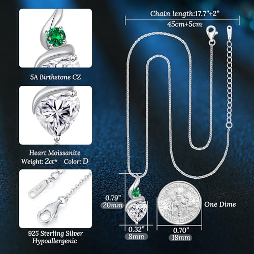 ANDSO Heart Moissanite Necklaces Birthday Jewelry Gifts for Women | S925 Silver /Gold Plating Birthstone Necklace, Ideal Anniversary Christmas Valentine Present for Mom Wife Her Girlfriend - style: Silver-2 Carat- Emerald Green