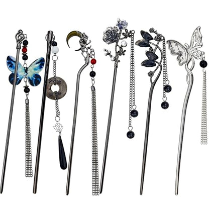 6PCS Chinese Hair Sticks Set, Black Japanese Hair Stick with Pearl Flower Butterfly Design Metal Hair Chopsticks Hair Bun Updo Holders Long Thick Hair Accessories for Women - color: 6pcs Black