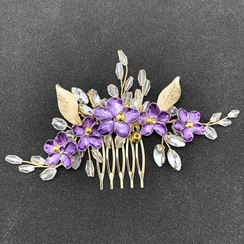 Purple Flower Hair Comb for Bride Crystal Gold Metal Leaf Floral Hair Pieces Accessories for Wedding Prom