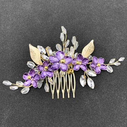 Purple Flower Hair Comb for Bride Crystal Gold Metal Leaf Floral Hair Pieces Accessories for Wedding Prom