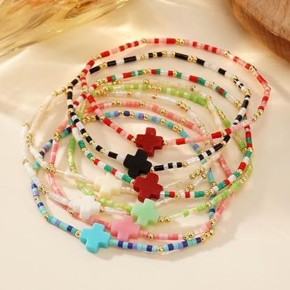 Colorful Stackable Rice Small Mini Seed Beaded Bracelets Set For Women, Handmade Dainty Boho Gold Glass Stretch Accessories Jewelry,Summer Beach Party Daily Friendship Gift - color: Cross175