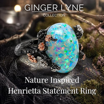 Henrietta Gothic Opal Ring for Women, Fantasy Promise Ring by Ginger Lyne | Simulated White Fire Opal, Cubic Zirconia Black Rose Gold Plated Bold Jewelry Statement Piece For Engagements, Gifts & Events - color: Green