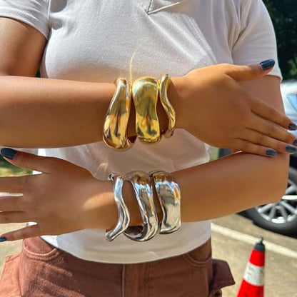 Big Chunky Gold Bracelets Set for Women 3Pcs Cuff Wide Bracelet Trendy High Shine Bracelets Minimalist Open Wide Cuff Bracelets Gold Bangle Bracelet Jewelry for Women - style: A-Gold