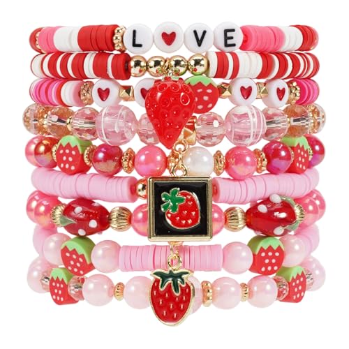 Twinfree Bohemian Cute Fruit Banana Cherry Strawberry Pineapple Mango Polymer Clay Beaded Stackable Stretch Bracelets - color: color 13