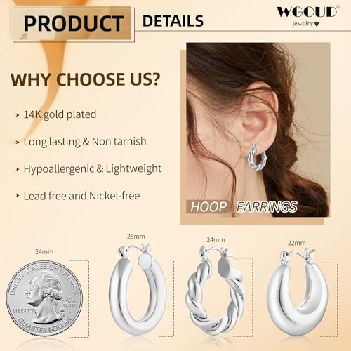3Pairs 14K Gold Plated Chunky Hoop Earrings Set for Women, Trendy Hoop Earring 925 Sterling Silver Post - Hypoallergenic Thick Lightweight Twisted Hoops Dainty Gold Earrings for Women Jewelry Gifts - color: Silver