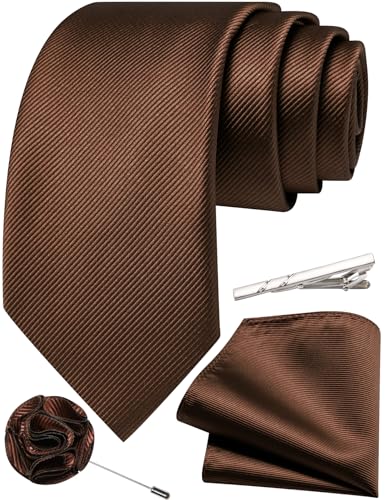 Solid Color Tie and Pocket Square with Tie Clip Lapel Pin Silk Formal Necktie Set Wedding Formal - color: Brown