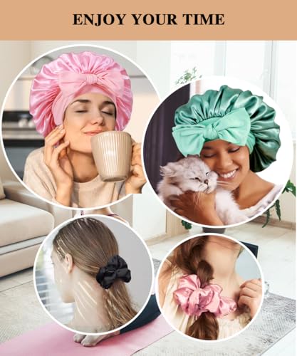 2+3 Large Satin Bonnets with Scrunchies for Women, Hair Bonnet Sleeping Tie Bonnet for Braids Curly Hair - color: I - Green, Blush Pink