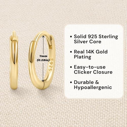 14K Gold Plated 925 Sterling Silver Tiny Hoop Earrings, Thin Small Huggie Hoops, Hypoallergenic Lightweight Cartilage Earrings for Women Men, Multiple Piercings (6mm, 8mm, 10mm, 11mm) - style: Gold-7mm-1Pair