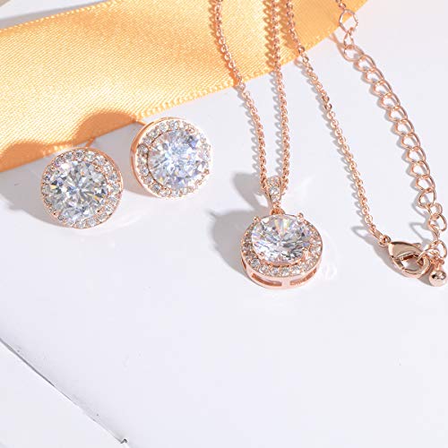 Bridal Crystal Jewelry Set - Sterling Silver Round Cubic Zirconia CZ Rhinestone Halo Birthstone Pendant Necklace Stud Earrings Set for Wedding Bride Bridesmaids Birthday Gift - color: Rose Gold