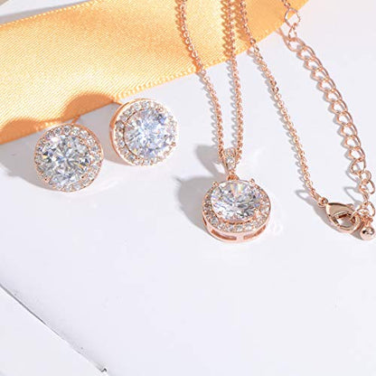 Bridal Crystal Jewelry Set - Sterling Silver Round Cubic Zirconia CZ Rhinestone Halo Birthstone Pendant Necklace Stud Earrings Set for Wedding Bride Bridesmaids Birthday Gift - color: Rose Gold