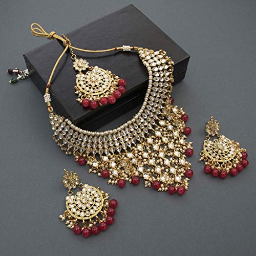 Aheli Elegant Indian Wedding Wear Faux Kundan Studded Choker Necklace with Maang Tikka Set Ethnic Fashion Jewelry for Women Maroon Kundan & Pearl Drop - color: Red 2