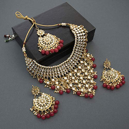 Aheli Elegant Indian Wedding Wear Faux Kundan Studded Choker Necklace with Maang Tikka Set Ethnic Fashion Jewelry for Women Maroon Kundan & Pearl Drop - color: Red 2