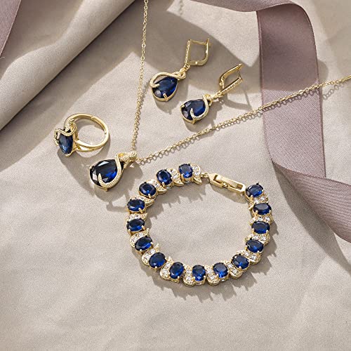 EVER FAITH Wedding Jewelry Set for Bride Bridesmaid, Glamour Teardrop Cubic Zirconia Pendant Necklace Earrings Tennis Bracelet Open Ring Sets for Birthday/Valentine's Day/Mother's Day/Christmas - color: A_Sapphire Blue Gold-Plated-Brass
