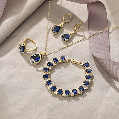EVER FAITH Wedding Jewelry Set for Bride Bridesmaid, Glamour Teardrop Cubic Zirconia Pendant Necklace Earrings Tennis Bracelet Open Ring Sets for Birthday/Valentine's Day/Mother's Day/Christmas - color: A_Sapphire Blue Gold-Plated-Brass