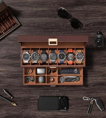 Watch Cases Box for Men 7 Slots Display Case with Jewelry Bottom | Watches Storage Organizer 2 Layer Pu Leather Collection Holder Gift for Dad Husband with Real Glass Lid Brown - size: 7 Slots, Brown
