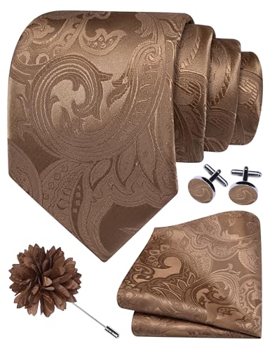 GUSLESON Paisley Tie Set for Men 3.15" Necktie Lapel Pin Hankerchief Cufflinks Set for Men - color: Khaki