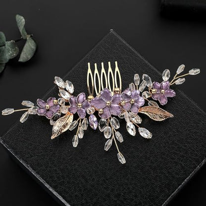 Flower Leaf Design Wedding Hair Comb, Metal Bridal Hair Accessory with Rhinestone, Wedding Prom Hair Clip Headpiece for Women (Gold Purple Flower) - color: Gold Purple Flower