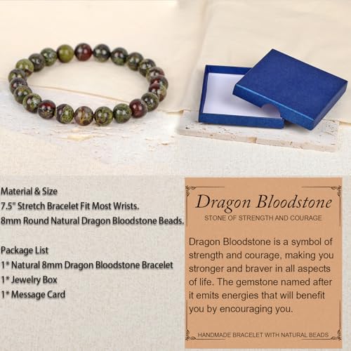 LPBeads Handmade Natural Gemstone Stretch Elastic Bracelet Healing Crystal Round Stone Beads Jewelry Gifts for Women Men - color: Dragon Bloodstone, size: 8mm