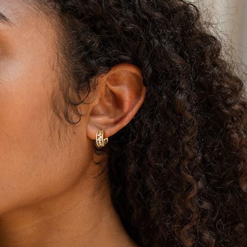Gold Earrings for Women, Dainty Triple Huggie Earrings 14K Gold Plated Small Hoop Earrings for Women Trendy Cute Hypoallergenic Stud Earrings Unique Double Hoops Waterproof Womens Jewelry Gifts - color: gold plated-G