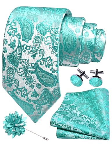 GUSLESON 3.15"（8cm） Mens Paisley Tie and Lapel Pin Necktie Hankerchief Cufflinks Set for Men - color: Aqua