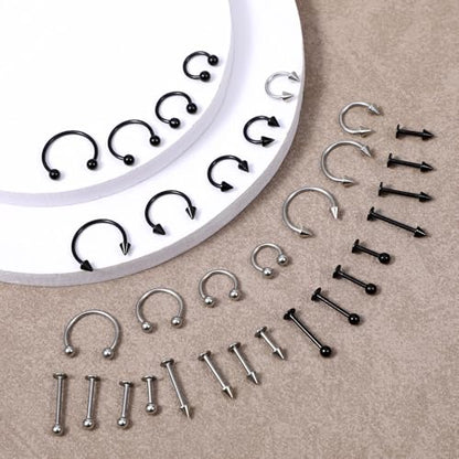 32Pcs Lip Rings for Women 16G Stainless Steel Horseshoe Labret Studs Monroe Lip Barbell Ring Snake Bite Piercing Jewelry Helix Earring Daith Tragus Cartilage Surgical Steel Jewelry - color: Black + Silver