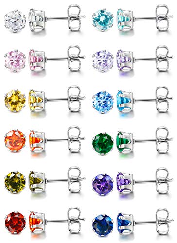 LOYALLOOK 12 Pairs Stainless Steel Cubic Zirconia Stud Earrings, Brilliant Cut Round CZ Earrings set, Birthstone Stud Earrings for Women - style: 4#: 7mm 12 pairs