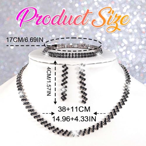 Rhinestone Bridal Wedding Jewelry Sets Silver Necklace Earrings Bracelet Set Prom Formal Costume Jewelry Set for Women and Brides - color: Black
