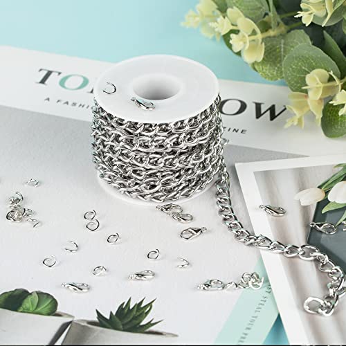 16.4 Feet Twisted Curb Chain Links Silver Plated Aluminum Bracelet Necklace Chain Bulk for DIY Craft Jewelry Making with Lobster Clasps and Jump Rings - color: 7×10mm-Silver