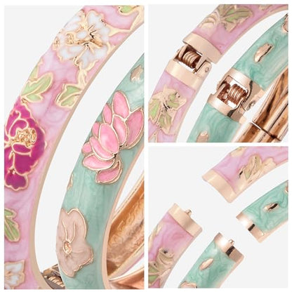 UJOY Cloisonne Bracelet Butterfly Hinge Indian Cuff Bangle Enameled Jewelry Flower Bracelets for Women Gift Box 55A114 - color: 2 Pcs/Set-Lotus-Green and Pink