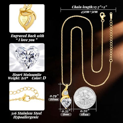 ANDSO Heart Moissanite Necklaces Birthday Jewelry Gifts for Women | S925 Silver /Gold Plating Birthstone Necklace, Ideal Anniversary Christmas Valentine Present for Mom Wife Her Girlfriend - style: 14K Gold Plated Stainless Steel-2 Carat