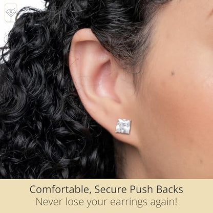 MAX + STONE Plated Sterling Silver Cubic Zirconia Stud Earrings (Round & Princess) - size: 7.5MM, style: Princess