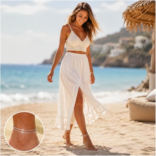phnydreg 1 Pc Silver Plated Ankle Bracelet with Extension for Women | Double Layered Ankle Bracelet,Foot jewelry