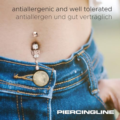 PIERCINGLINE titanium belly button piercing with internal thread, crystal butterfly - belly button ring gold, silver, rosegold piercing - color: Gold-colored