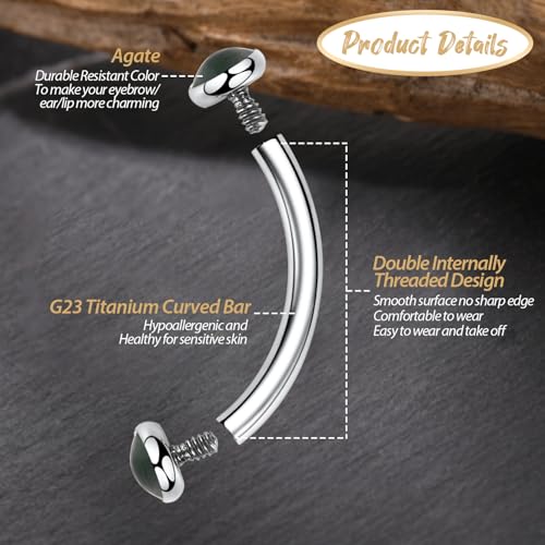 GAGABODY G23 Titanium Eyebrow Piercing Jewelry Curved Barbell Lip Ring | Internal Thread Used in Eyebrow,Belly,Rook 16 Gauge from 6mm to 12mm Lightweight Daily for Woman and Man Sensitive Skin - color: 1Pc-Disc Shape Silver+Moss Agate, size: 16G-6mm