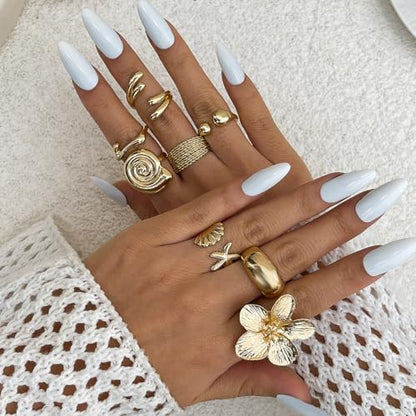Gold Rings for Women Non Tarnish Boho Stackable Adjustable Open Rings Set Finger Knuckle Stacking Ring Packs Jewelry Gift - color: Gold Chunky Starfish Rings 8Pcs