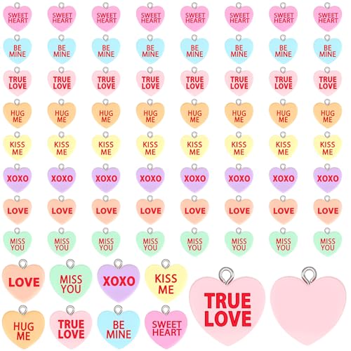 64 Pcs Valentine's Day Resin Charms, Conversation Heart Pendant | Valentines Candy Heart Charm, DIY Crafts, Bracelet Necklace Earrings Jewelry Making, Party Favors Gifts - style: Valentine Style