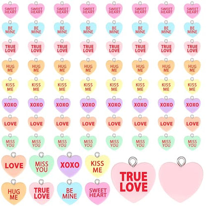 64 Pcs Valentine's Day Resin Charms, Conversation Heart Pendant | Valentines Candy Heart Charm, DIY Crafts, Bracelet Necklace Earrings Jewelry Making, Party Favors Gifts - style: Valentine Style