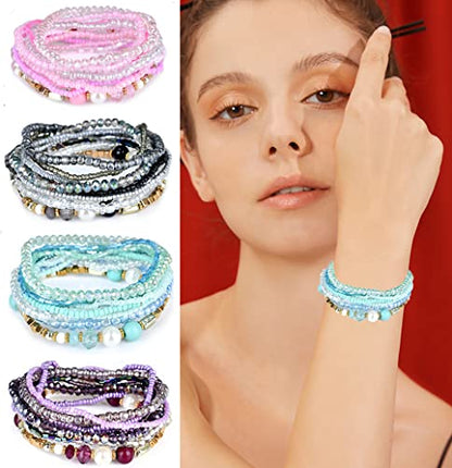 8 Sets Bohemian Stackable Bead Bracelets for Women Bohemian Bracelets Stretch Multi Layered beads Bracelet Set Boho Multicolor Jewelry