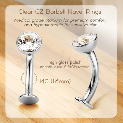 Upgraded Wearability Floating Belly Button Ring, G23 Titanium Internally Threaded Belly Button Piercing 14G, Curved Barbell Belly Rings, Pink Clear CZ Navel Rings with 10mm and 12mm Bar, Silver Gold Plated - color: Silver,Clear CZ