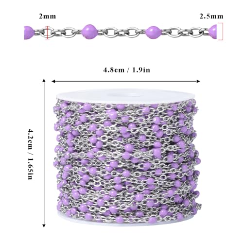 33FT 2mm Stainless Steel Purple Enamel Link Chains Bulk for Jewelry Making | 304 Stainless Steel Enamel Beaded Cable Chains Roll Spool for Necklace Bracelet Craft - color: Stainless Steel Purple Beads