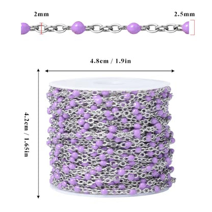 33FT 2mm Stainless Steel Purple Enamel Link Chains Bulk for Jewelry Making | 304 Stainless Steel Enamel Beaded Cable Chains Roll Spool for Necklace Bracelet Craft - color: Stainless Steel Purple Beads