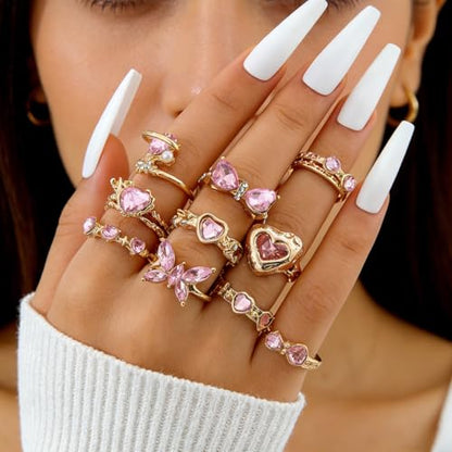 Rrdaily 14K Gold Plated Stackable Knuckle Rings Set for Women Trendy Chunky Simulation Gemstone Signet Rings Dainty Midi Finger Rings Pack Aesthetic Statement Jewelry for Bridesmaid Wedding Gifts - style: 10 Pcs Gold
