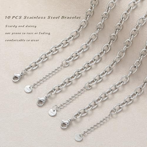 10 PCS Bracelets for Women Stainless Steel Chain Link Bracelet Set | 6.7 Inches with Extender, Jewelry Gifts for DIY, Chains Bulk, Oval, Curb, Figaro Chains, 18K Gold Plated, Silver, Chunky - color: Rolo Silver