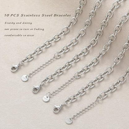 10 PCS Bracelets for Women Stainless Steel Chain Link Bracelet Set | 6.7 Inches with Extender, Jewelry Gifts for DIY, Chains Bulk, Oval, Curb, Figaro Chains, 18K Gold Plated, Silver, Chunky - color: Rolo Silver
