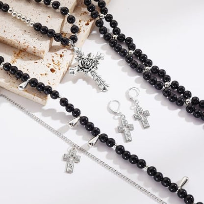 Bocar Gothic Cross Layered Pearl Necklace Chunky Statement Stacked Necklace Y2K Silver Layered Necklace for Women (NK-10769) - color: Black