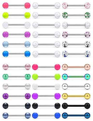 SCERRING 14G Stainless Steel Tongue Barbell Ring Nippleings Nipple Rings Shinny Acrylic Glow in Dark Opal Gilitter Balls Body Piercing Jewelry Retainer 14mm 16mm 36PCS - style: 36PCS - 16mm