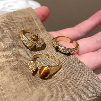 Tiger's Eye & Crystal Stackable Open Ring Adjustable Gold Tone Boho Statement Rings for Women - color: Gold 02